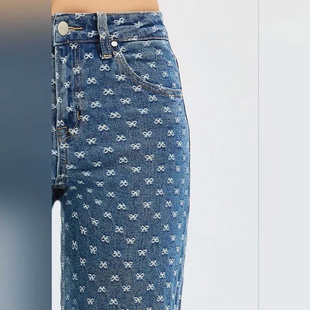 Risen High Rise Dark Wash Classic Wide Leg Jeans Bow Embroidered Various NEW - Picture 15 of 15